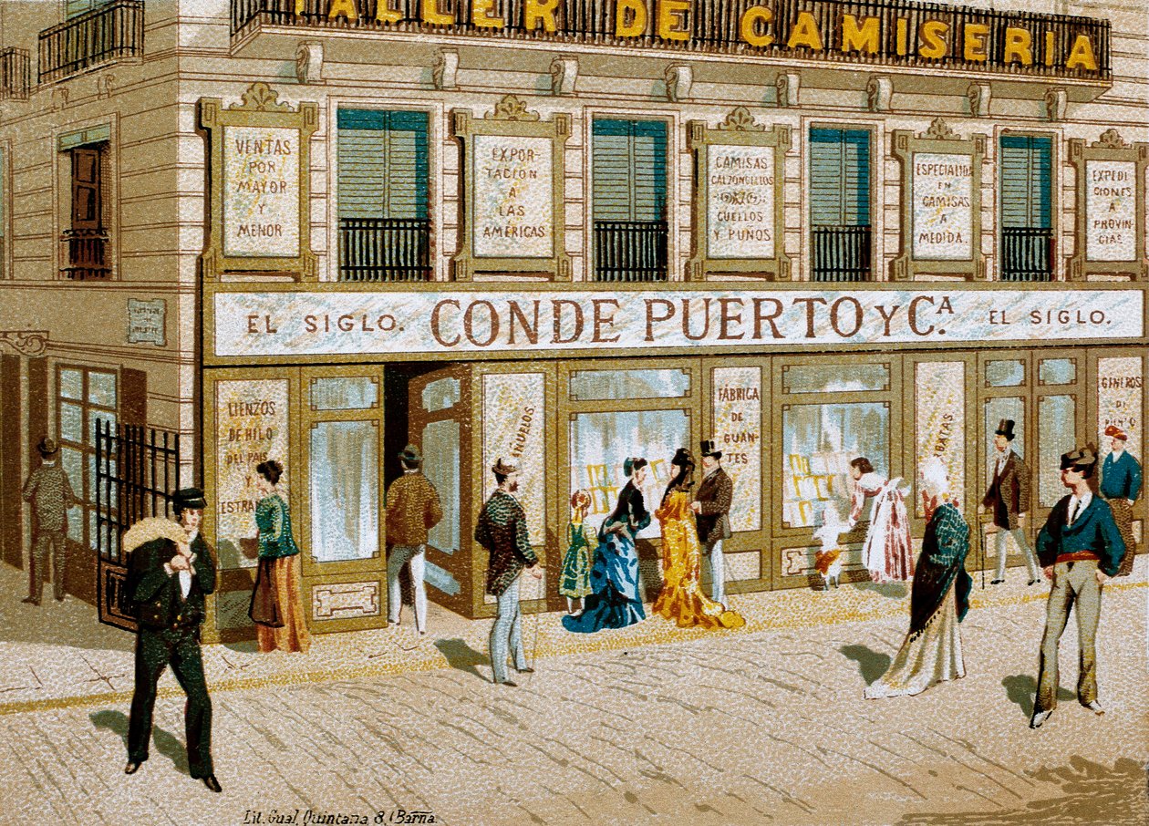 Mode: Werbeplakat für den Stoffladen "Conde Puerto" Boutique Barcelona. 19. Jahrhundert von Spanish School