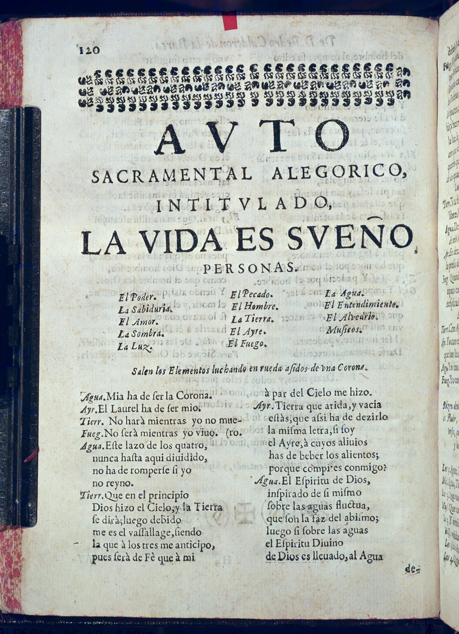 Erste Seite von La Vida es Sueno aus Los Autos Sacramentales von Pedro Calderon de la Barca (1600-81), herausgegeben von Juan Garcia Infanzon, 1690 (gedrucktes Papier) von Spanish School