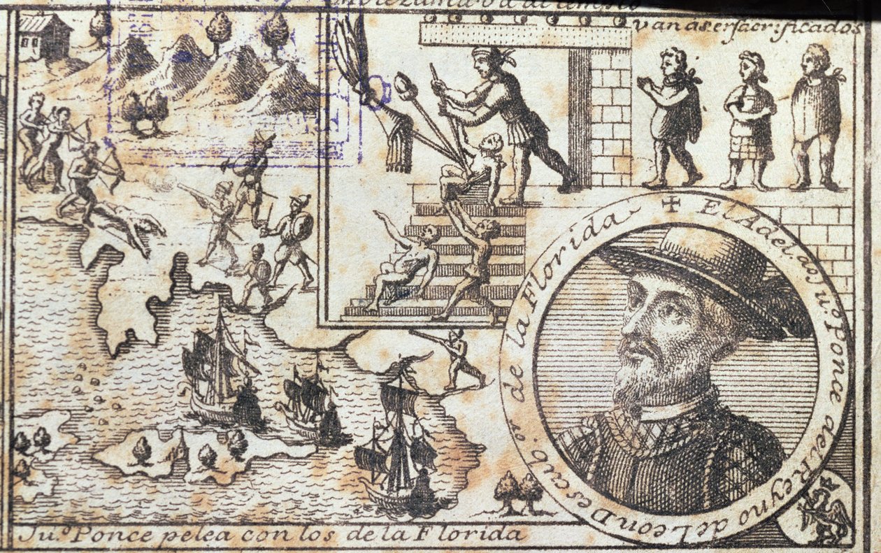 Juan Ponce kämpft gegen die Eingeborenen Floridas von Spanish School