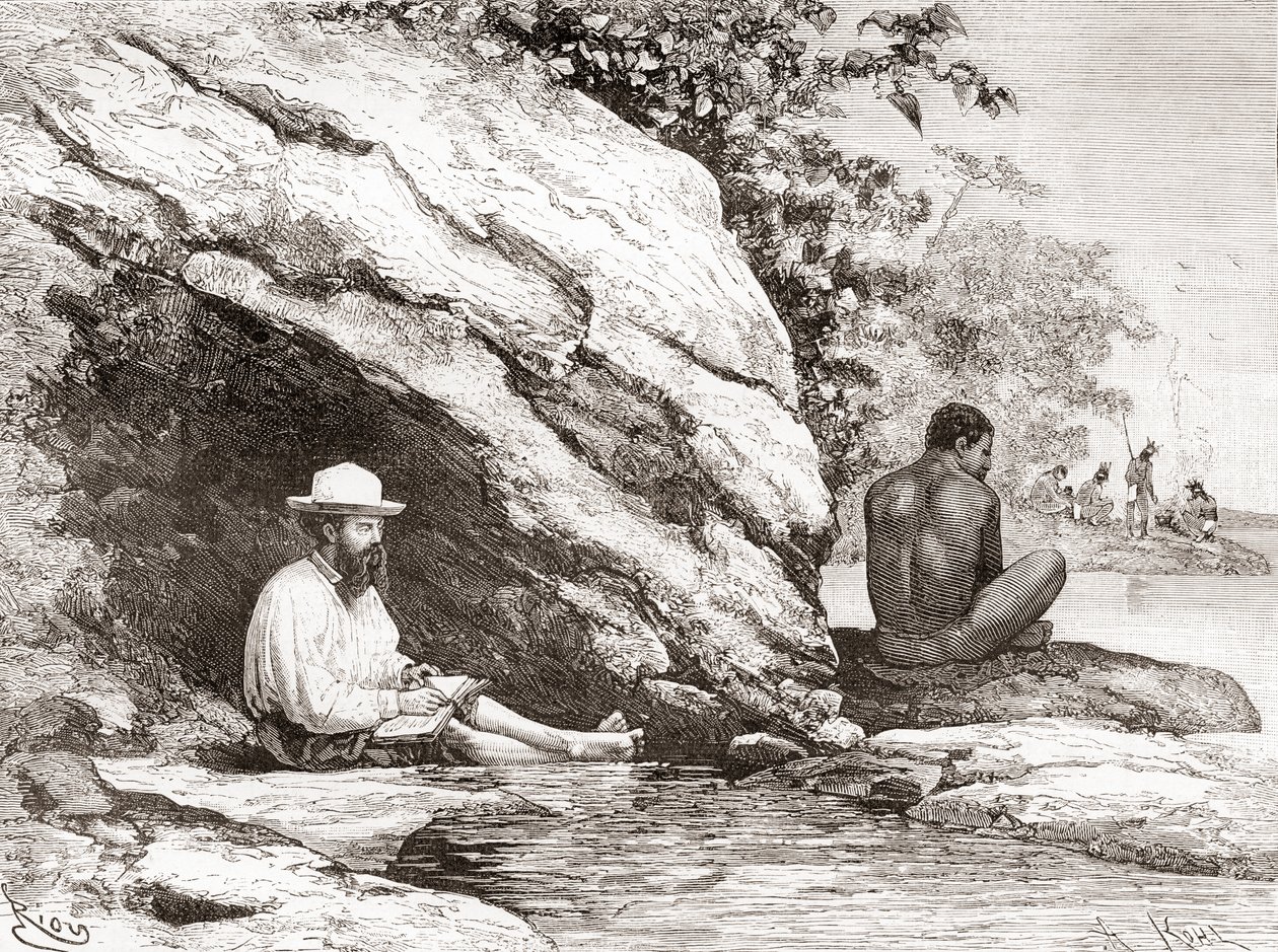Jules Crevaux, während seiner Erkundung von Französisch-Guayana im Jahr 1878, im Schatten eines Felsens am Ufer des Oyapock- oder Oiapoque-Flusses von Spanish School