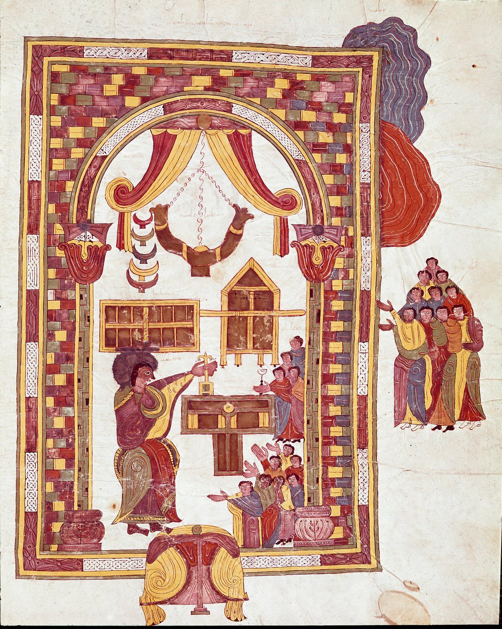 Mozarabische Kunst: der Tempel von Jerusalem, Aaron als Hohepriester vor einem Altar. Miniatur aus einer mozarabischen Bibel. 10. Jahrhundert. León. Bibliothek der Königlichen Kollegiatkirche von San Isidoro. Spanien von Spanish School