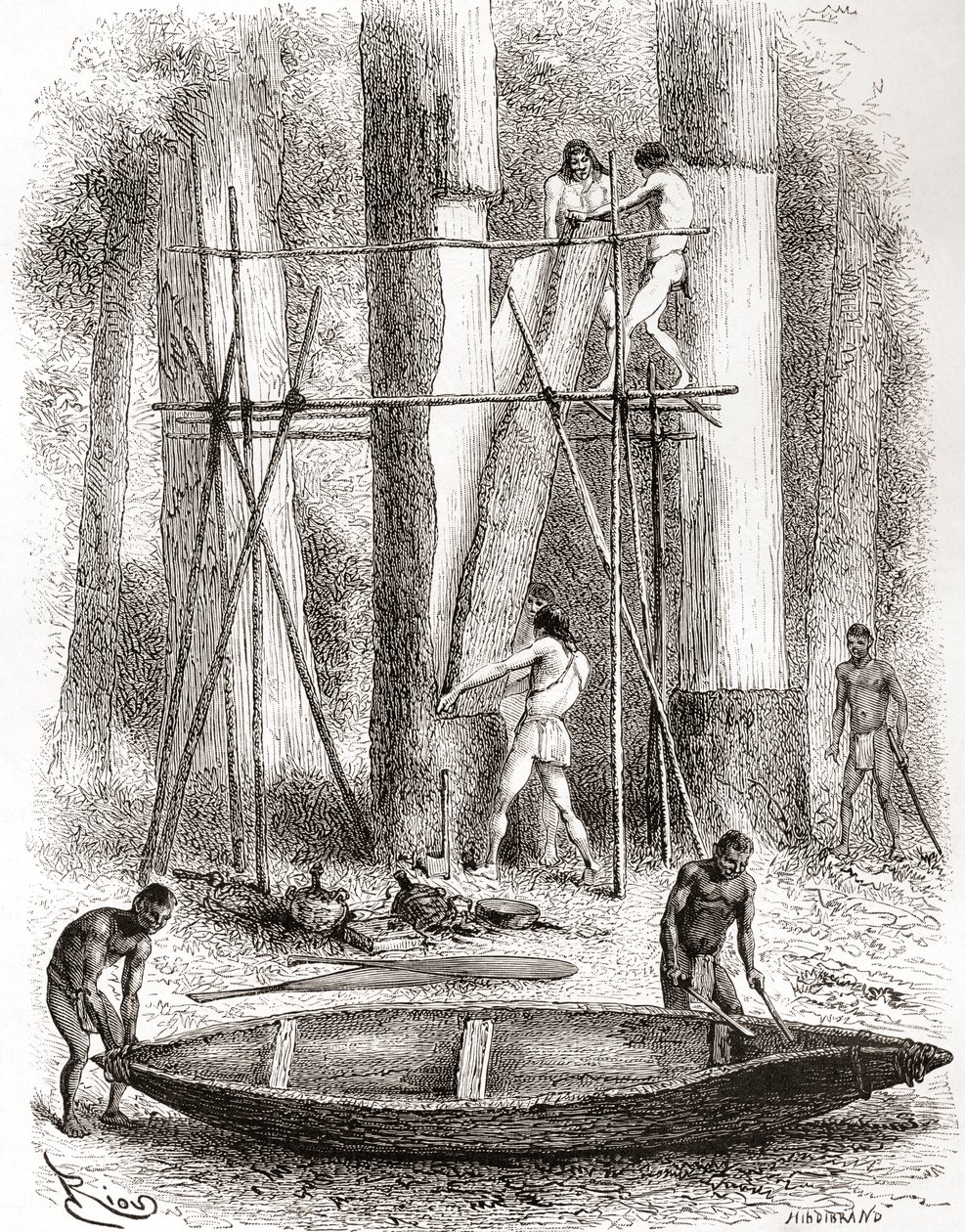 Einheimische Indianer bauen ein Kanu am Ufer des Oyapock oder Oiapoque Flusses, Südamerika (Gravur) von Spanish School