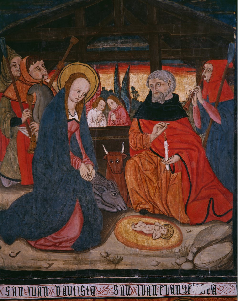 Geburt Christi, Tafel aus der Kirche San Andres von Tortura, spätes 15. Jahrhundert - frühes 16. Jahrhundert (bemaltes Holz) von Spanish School