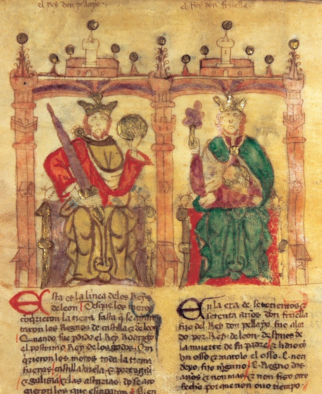 Pelagius (685-737), Gründer des Königreichs Asturien und sein Enkel Fruela I (722-68) (Pigment auf Pergament) von Spanish School