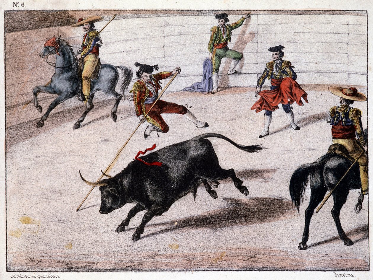 Stabhochsprung, Stierkampf in Spanien, spanische Lithographie, 19. Jahrhundert von Spanish School