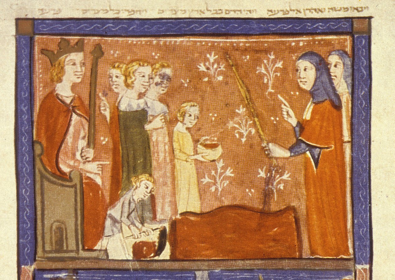 Plage des Blutes, die erste der zehn Plagen Ägyptens, Illustration aus der Sarajaevo Haggadah von Spanish School