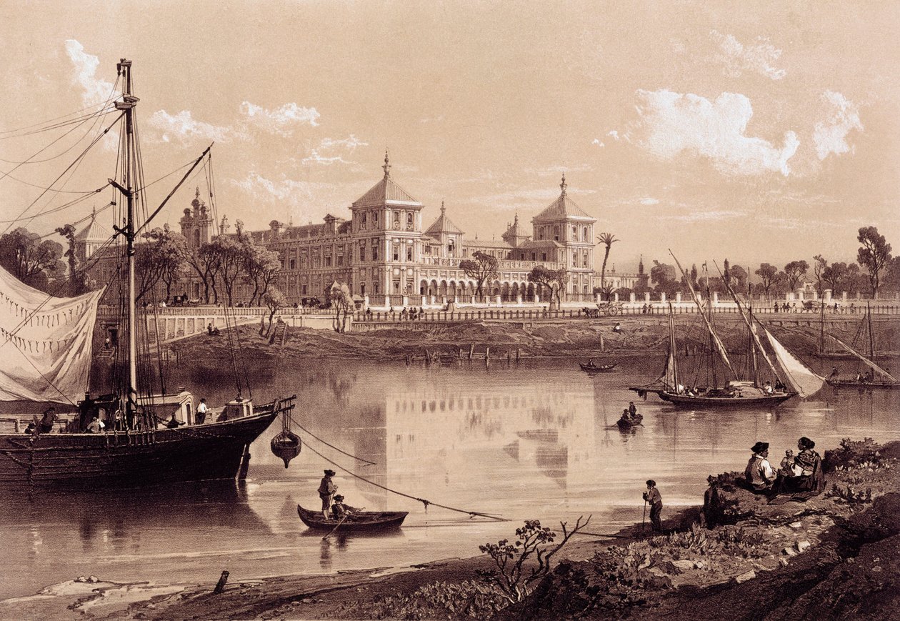 Sevilla, San Telmo Palast am Ufer des Guadalquivir. Andalusien, Spanien (19. Jahrhundert). Madrid, Nationalbibliothek. von Spanish School