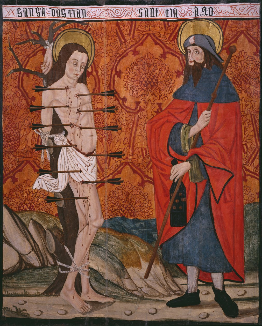 St. Sebastian und St. Jakobus der Ältere, Tafel aus der Kirche San Andres von Tortura, spätes 15. Jahrhundert - frühes 16. Jahrhundert (bemaltes Holz) von Spanish School