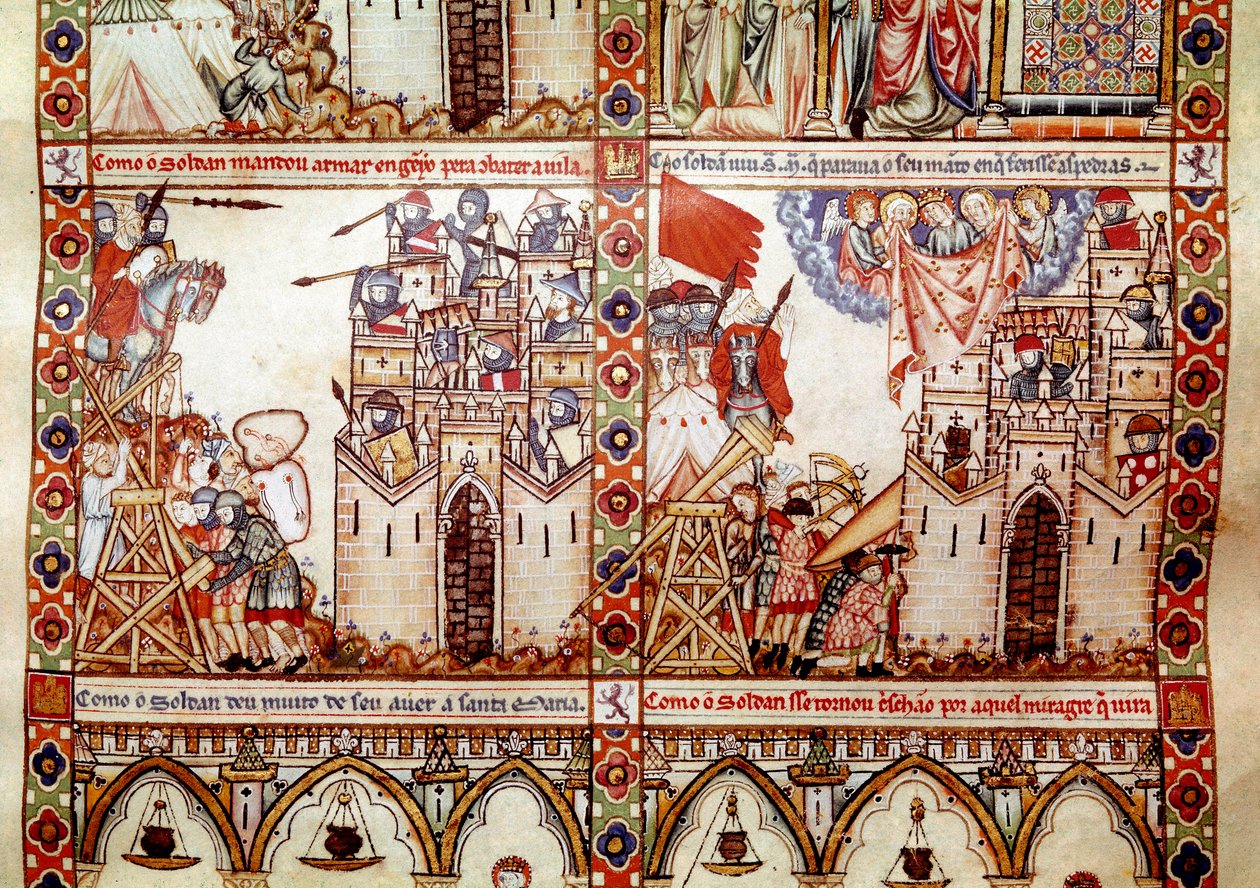 Die Sarazenen belagern eine christliche Stadt. Detail einer Seite aus einem Manuskript des Liedes von der heiligen Maria (Cantigas de Santa Maria), Miniaturen, die der heiligen Maria und ihren Wundern gewidmet sind, eine Sammlung von Liedern, verfasst unte von Spanish School