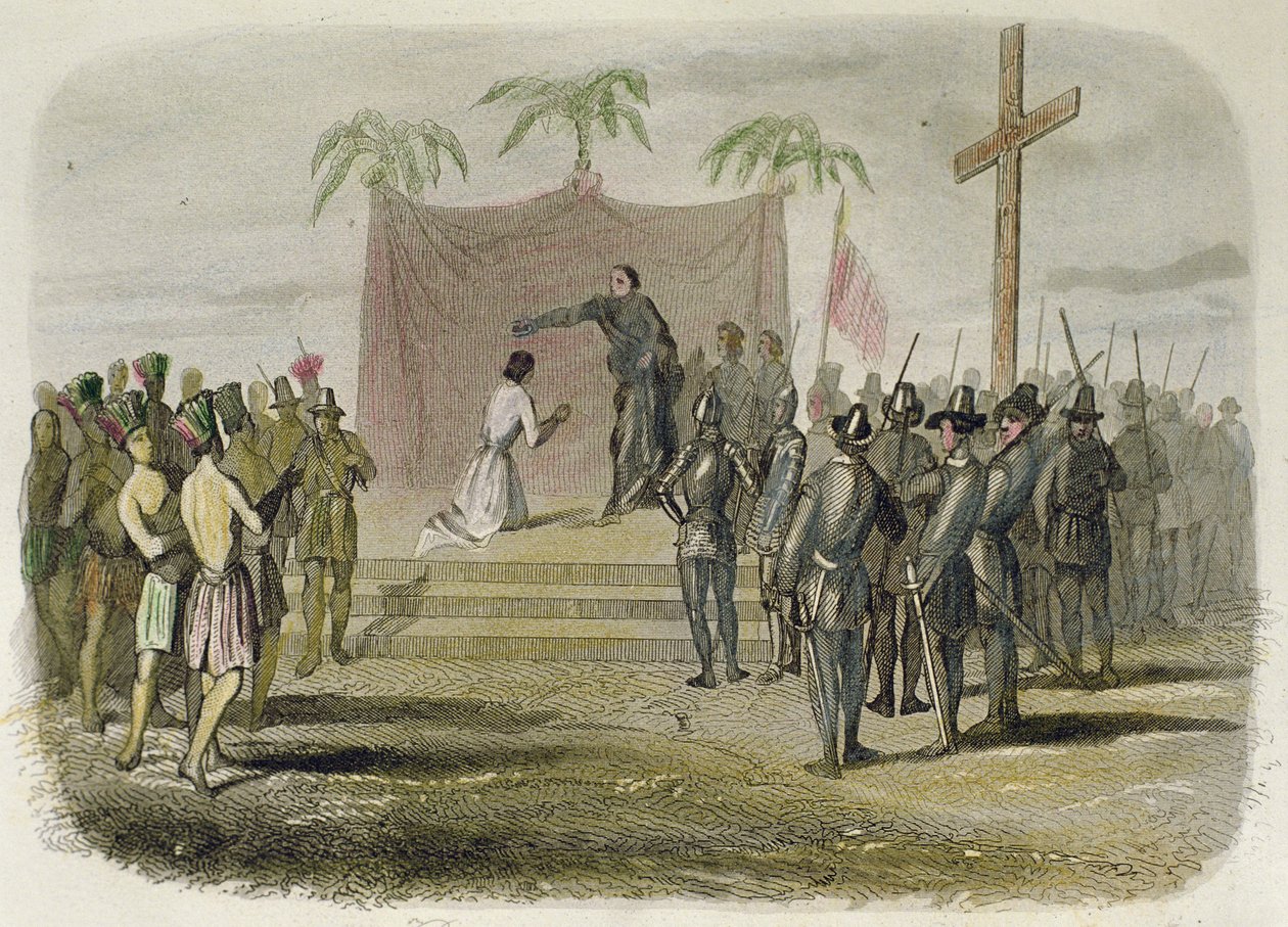 Die Taufe des Königs der Insel Cebu und fünfhundert anderer Indianer durch Mitglieder der Magellan-Expedition am 14. April von Spanish School