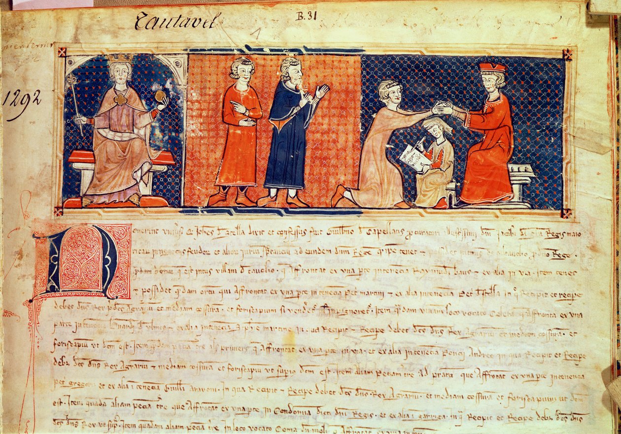 Der Feudalherr predigt seine Predigt vor dem König von Mallorca, Jakob I. (1207-76) aus dem Capbreu de Clayra et de Millas, 1292 von Spanish School