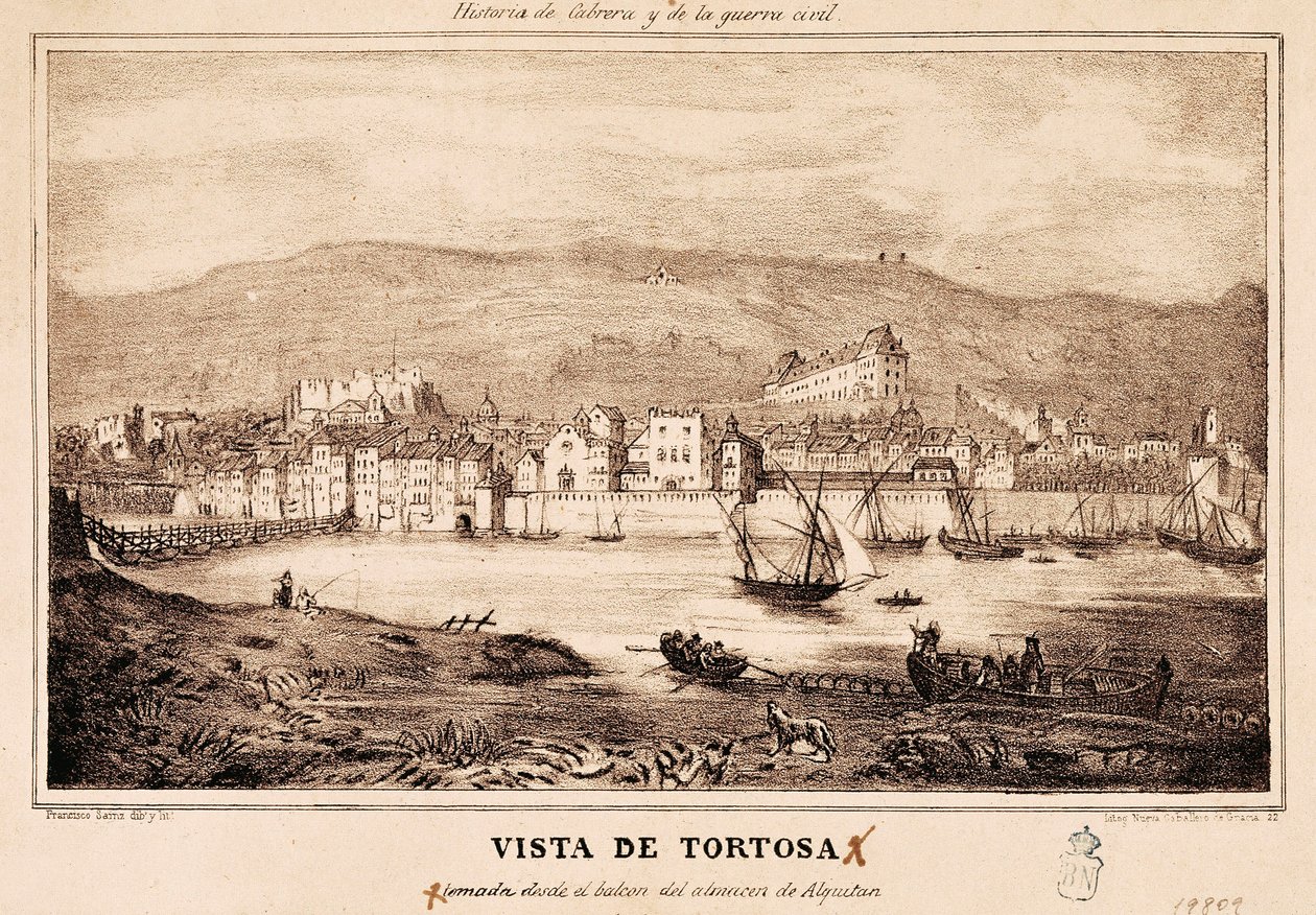 Ansicht der Stadt Tortosa in Spanien, in "Historia de Cabrera y de la Guerra Civil" von Damaso Calbo y Rochina de Castro von Spanish School