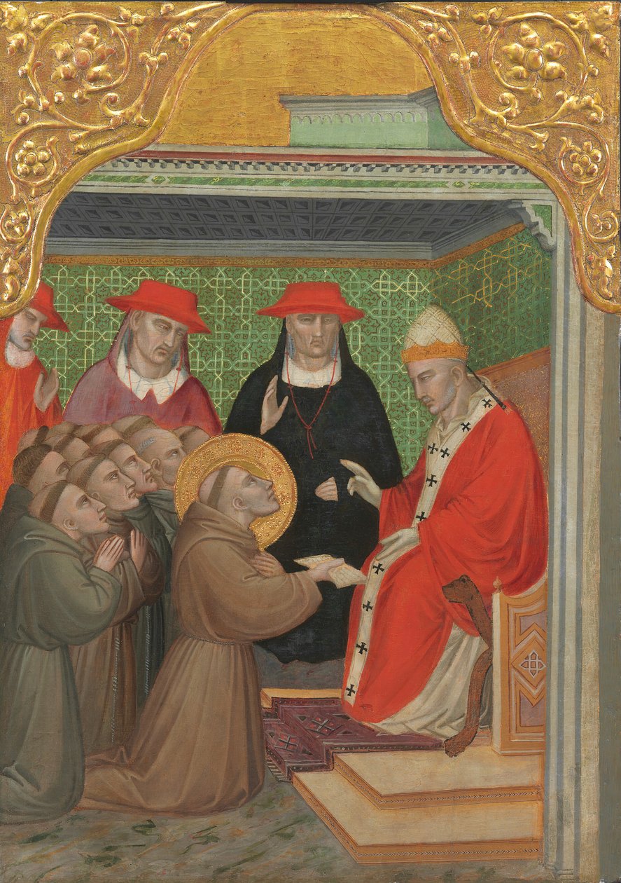 Der heilige Franziskus vor dem Papst Die Bestätigung der Franziskanerregel, 1390-1400 von Spinello Aretino