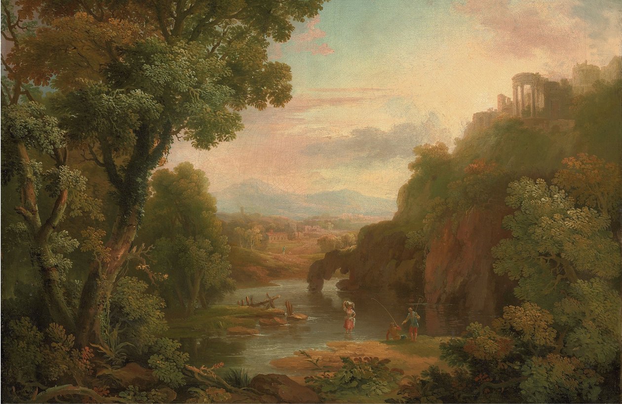 Eine klassische Landschaft mit Fischern und einer Wäscherin, einer Villa auf einem Hügel und Bergen dahinter von Sr. George Barret