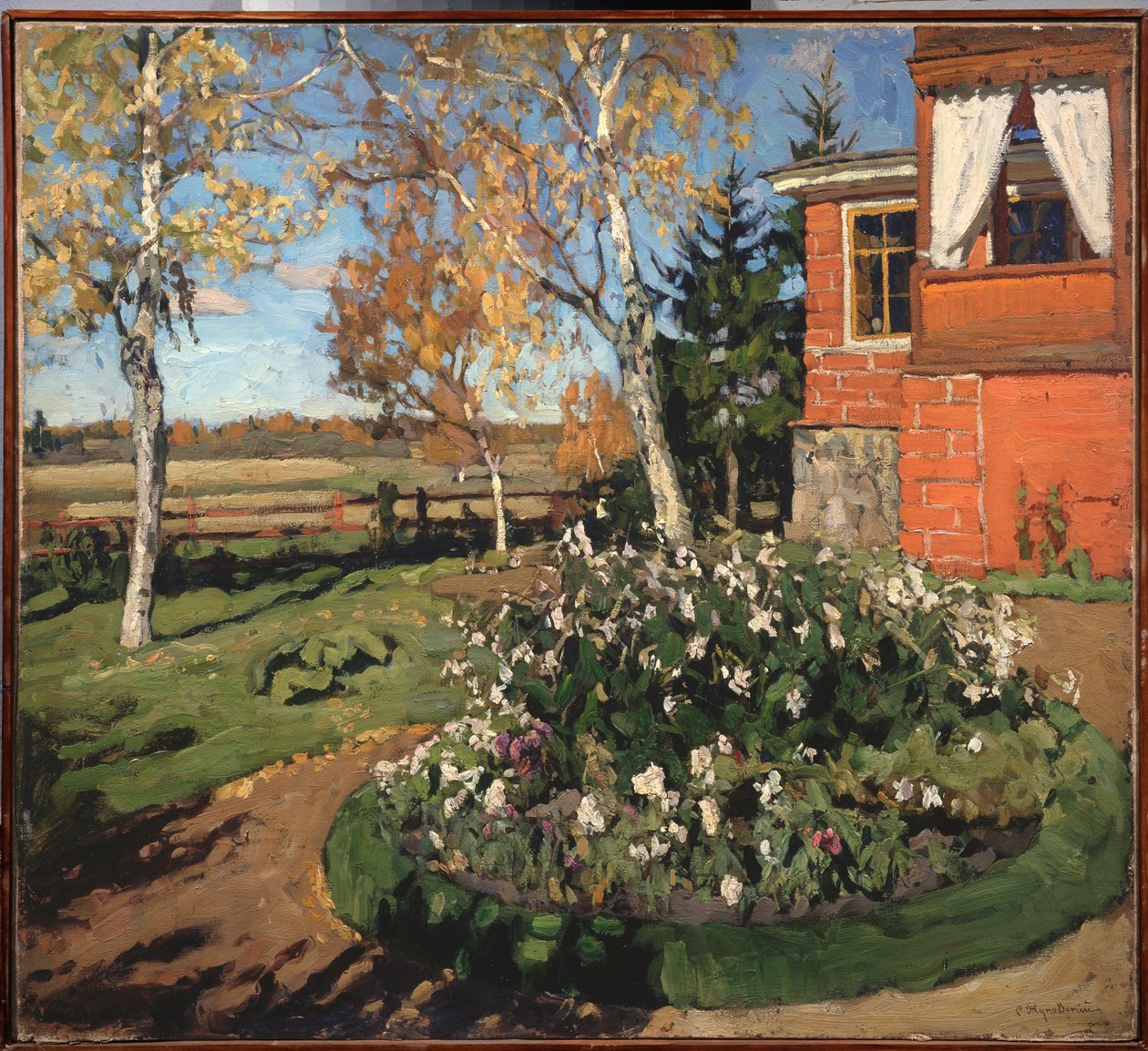 Ein Blumenbeet (Vor einem Haus und einer Landschaft auf dem Land) von Stanislav Joulianovitch Joukovski