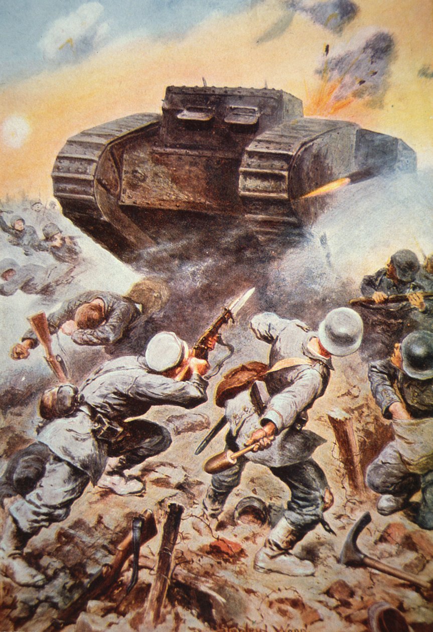 Britischer Panzer im Einsatz gegen Deutsche an der Westfront im Ersten Weltkrieg von Stanley L. (after) Wood