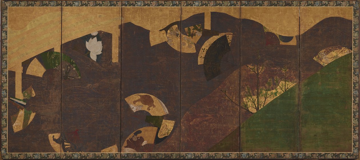Efeuranken, Brücken und schwebende Fächer, Momoyama- oder Edo-Periode, frühes 17. Jahrhundert von Sôtatsu