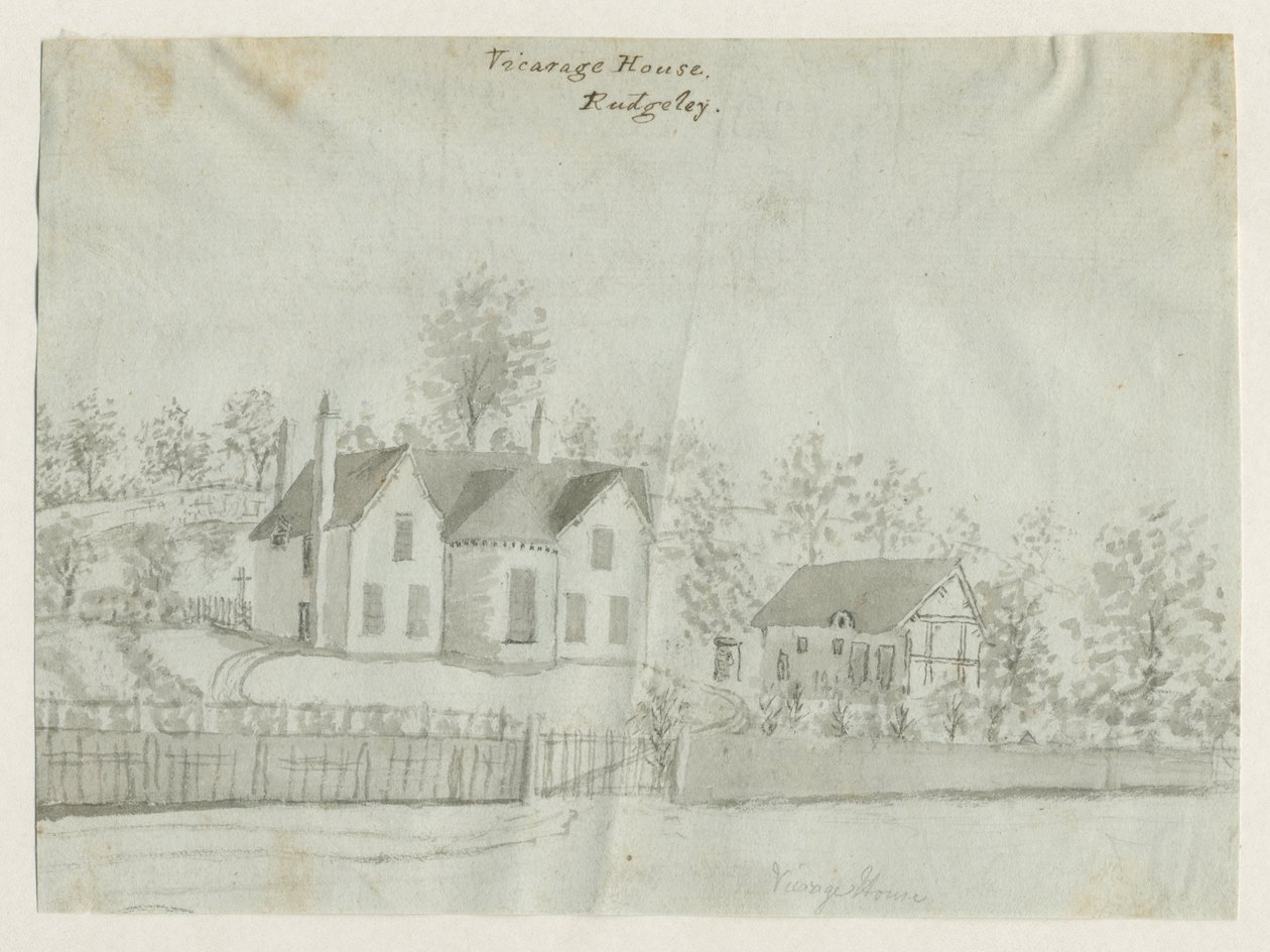 Rugeley Stadt - Pfarrhaus: Sepiawaschzeichnung, undatiert [1762-1802] von Stebbing Shaw