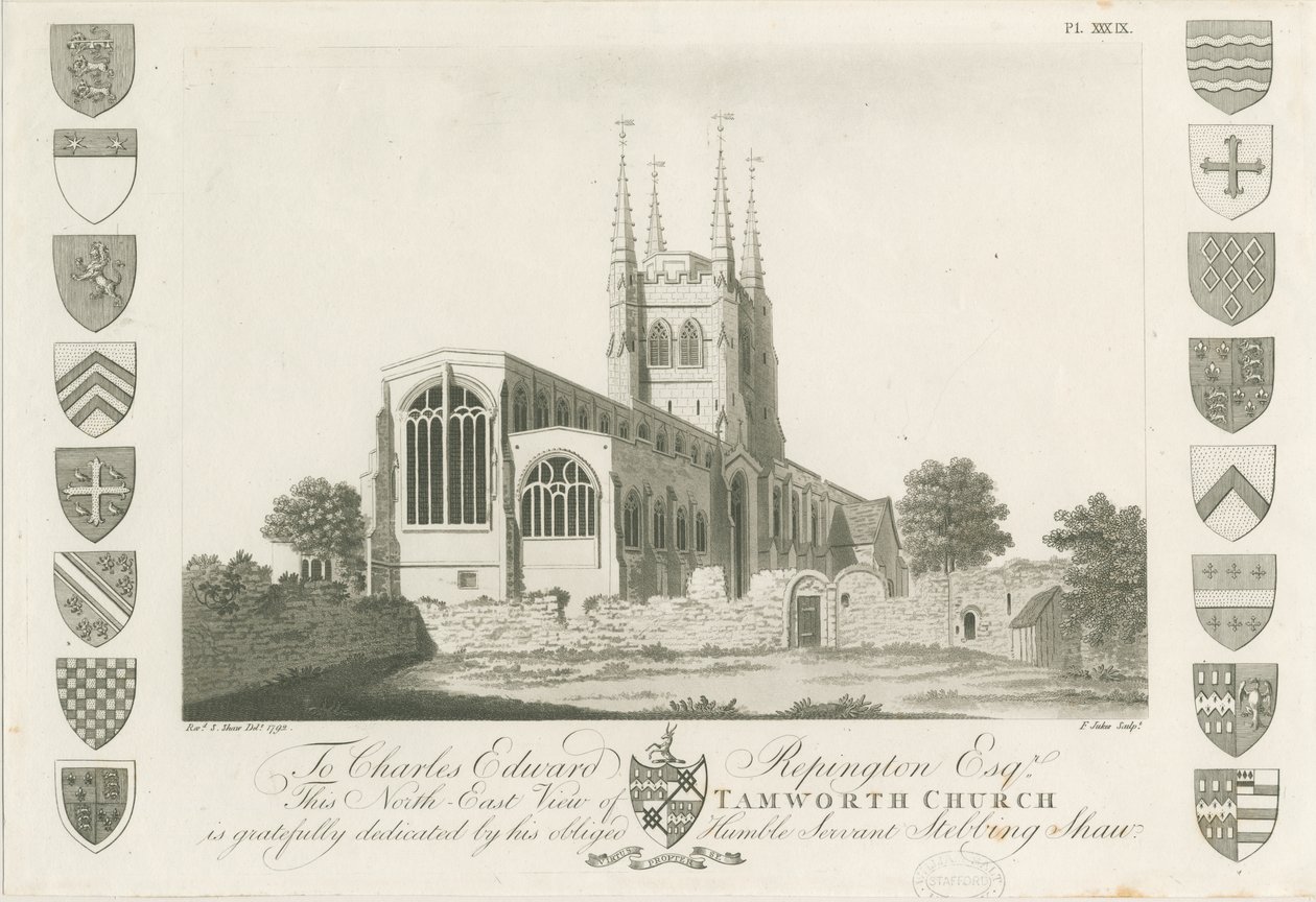 Tamworth Kirche: Aquatinta-Radierung, 1792 von Stebbing Shaw