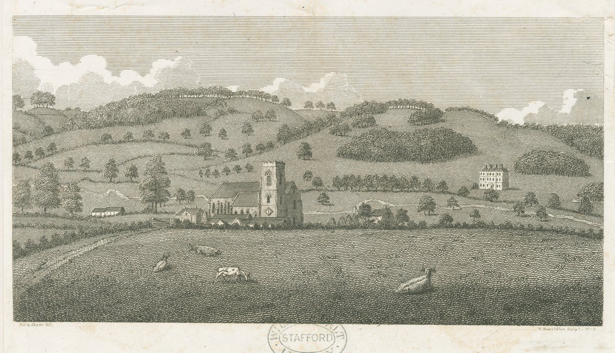 Wolseley - Colwich Kirche und Oakedge House (Stich) von Stebbing Shaw