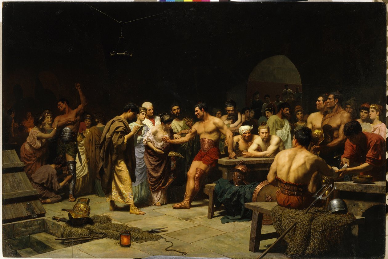 Die Gladiatoren vor ihrem Auftritt in der Arena. Römische Patrizier besuchen und bewerten die Gladiatoren vor dem Kampf, Frauen schmeicheln und beglückwünschen die Kämpfer von Stefan Vladislavovich Bakalowicz