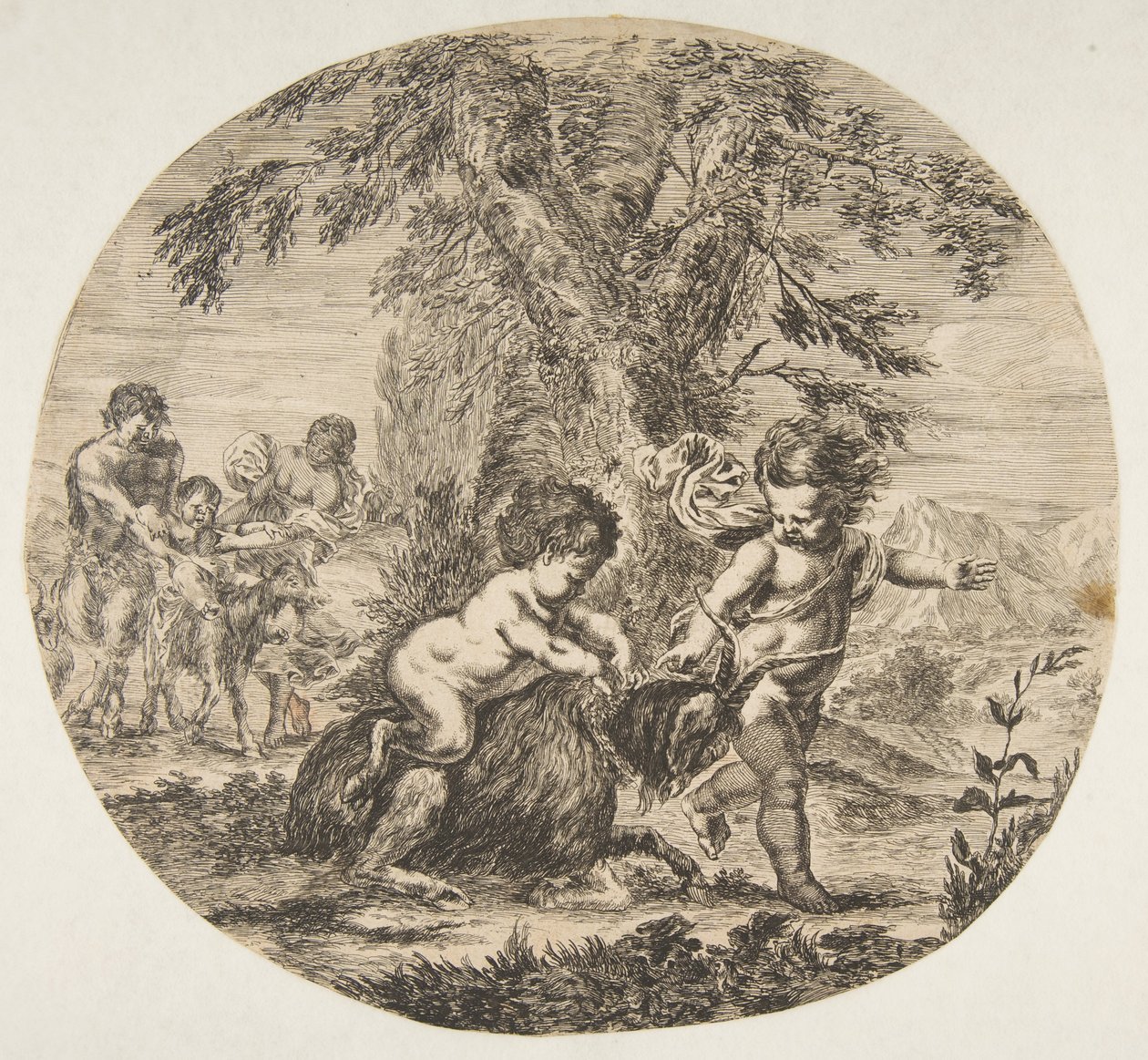 Ein Kind und ein Satyrkind spielen mit einer Ziege, ca. 1657 von Stefano della Bella