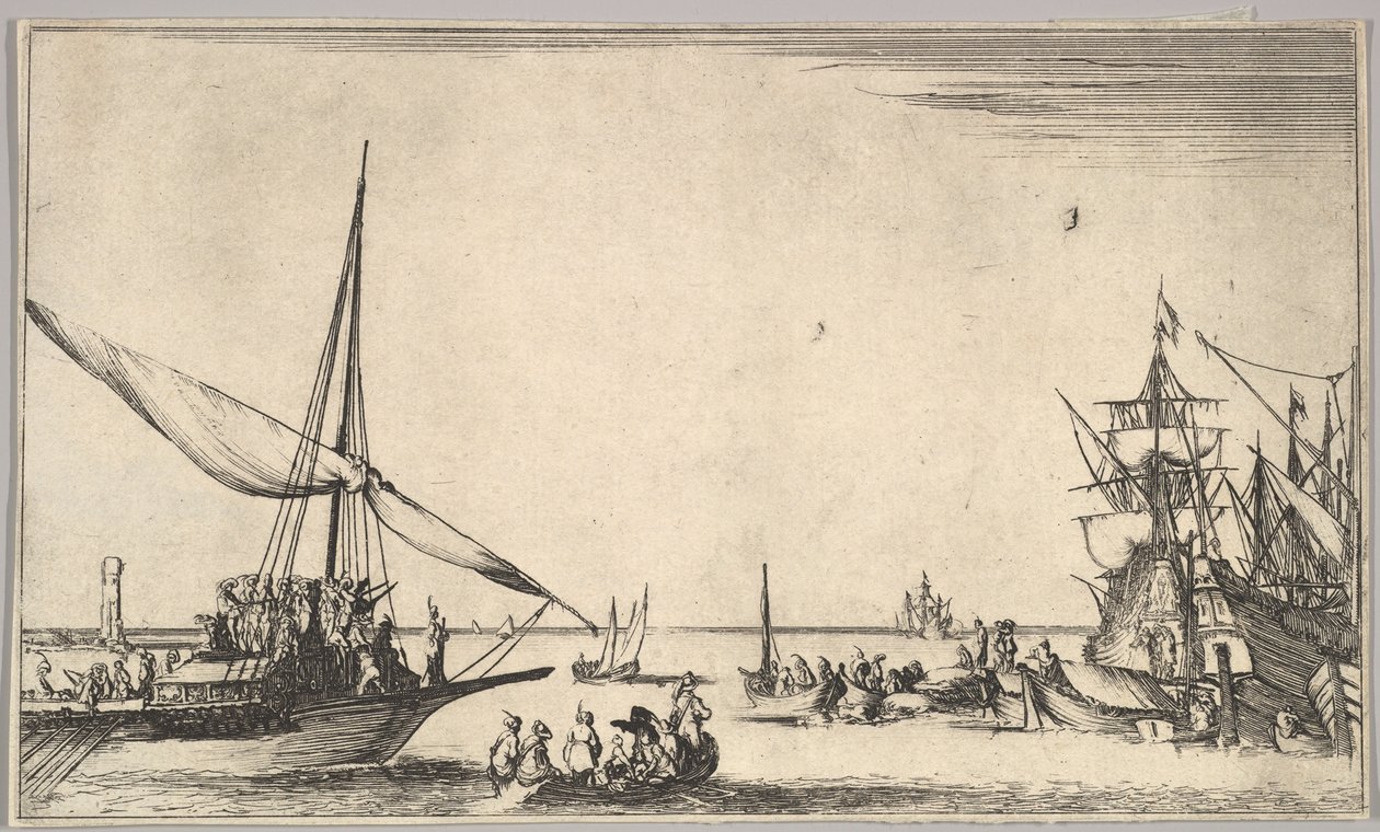 Eine Galeere kommt links im Hafen an, mehrere Ruderboote in der Mitte ...