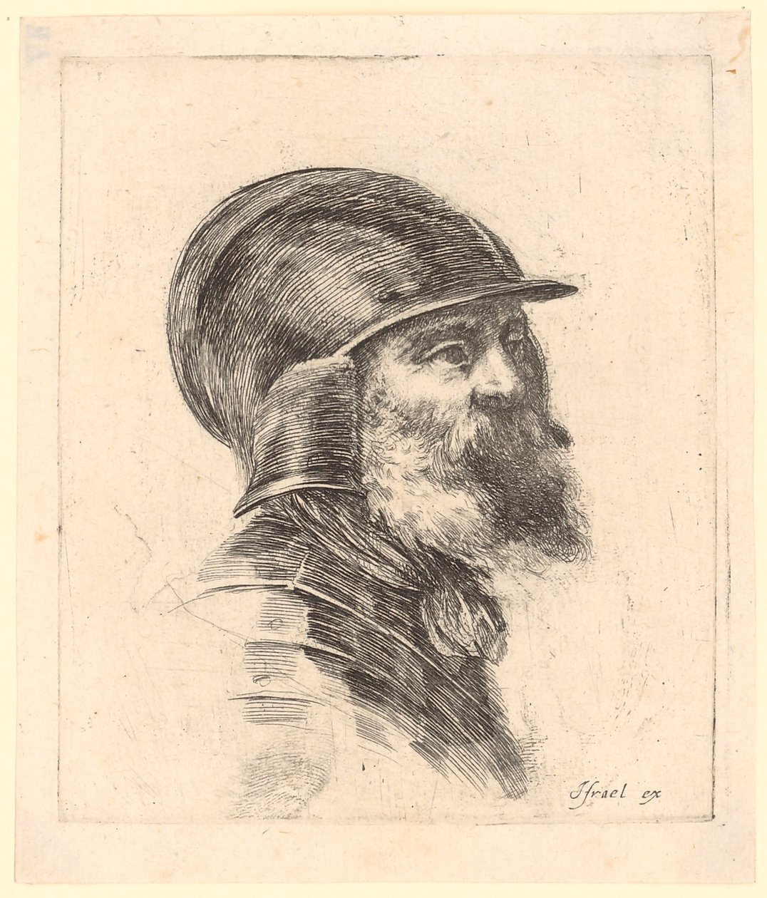 Bärtiger Mann mit Helm im Dreiviertelprofil nach rechts von Stefano della Bella