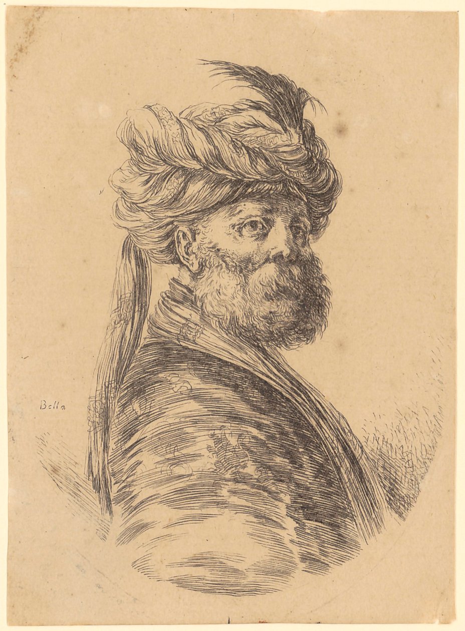 Bärtiger Mann mit Turban im Dreiviertelprofil nach rechts von Stefano della Bella