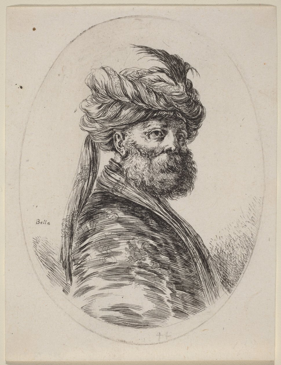 Bärtiger Mohr in einem gefiederten Turban mit Schleier, nach rechts gewandt von Stefano della Bella
