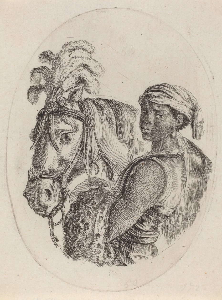 Schwarzer Stallbursche mit einem arabischen Pferd von Stefano della Bella