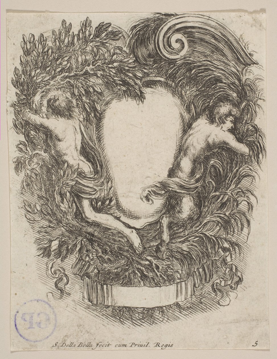 Kartusche eingerahmt von Apollo und Pan, 1647 von Stefano della Bella