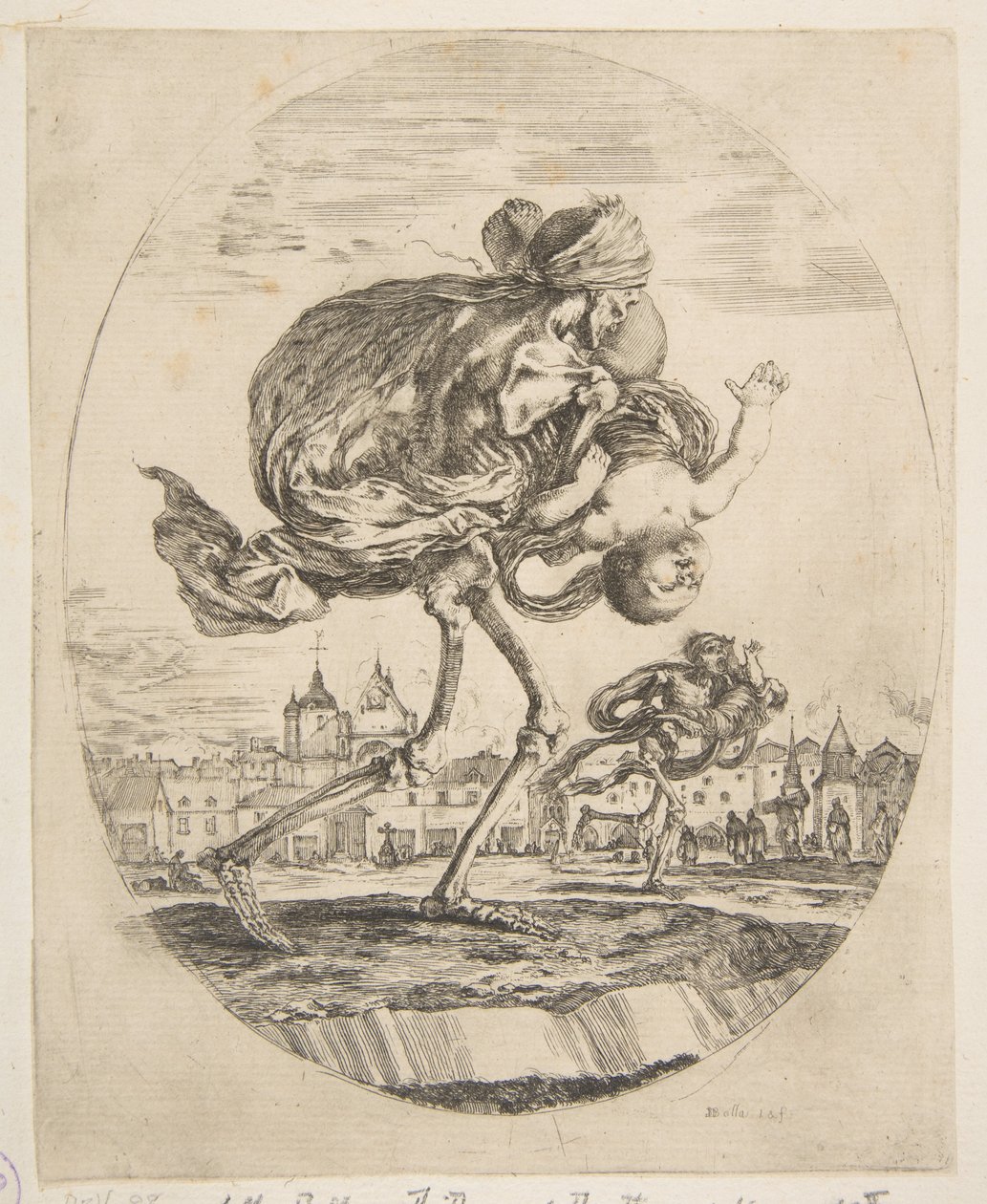 Der Tod trägt ein Kind, aus Die fünf Tode Les cinq Morts, ca. 1648 von Stefano della Bella