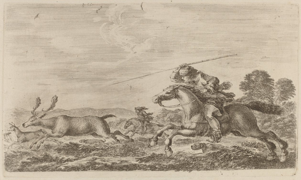 Hirsche, gejagt von zwei Reitern von Stefano della Bella