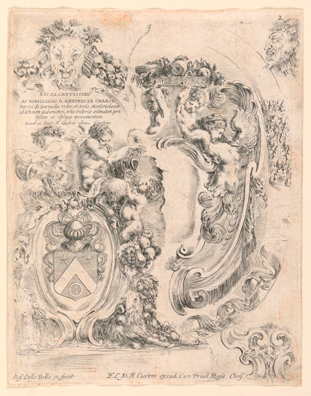 Wappen und Details für Wappen, Nr. 2 aus "Raccolta di varii cappriccii et nove inventioni di cartelle et ornamenti" von Stefano della Bella