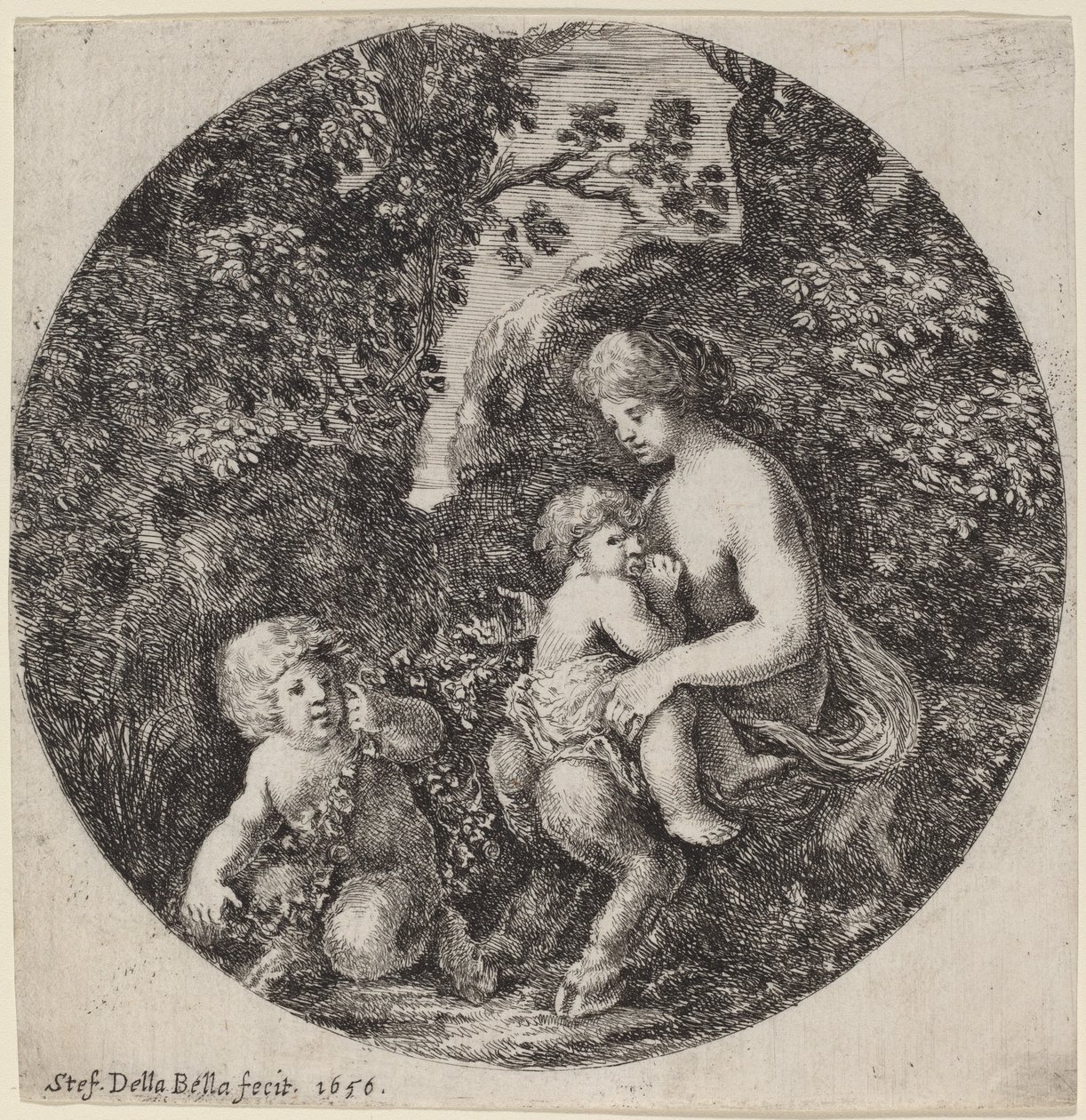 Weiblicher Satyr, der ein Kind in einer bewaldeten Landschaft stillt von Stefano della Bella