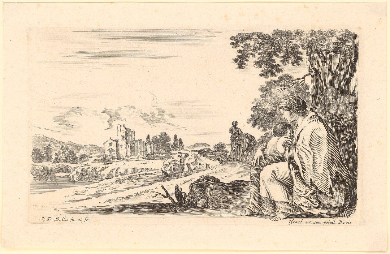 Frau mit Kind sitzt im Schatten eines Baums am Wegrand von Stefano della Bella