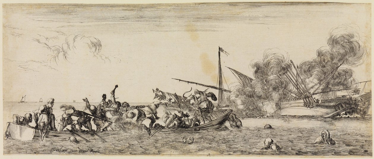 Frieden und Krieg: Seeschlacht mit Ruderboot im Vordergrund von Stefano della Bella