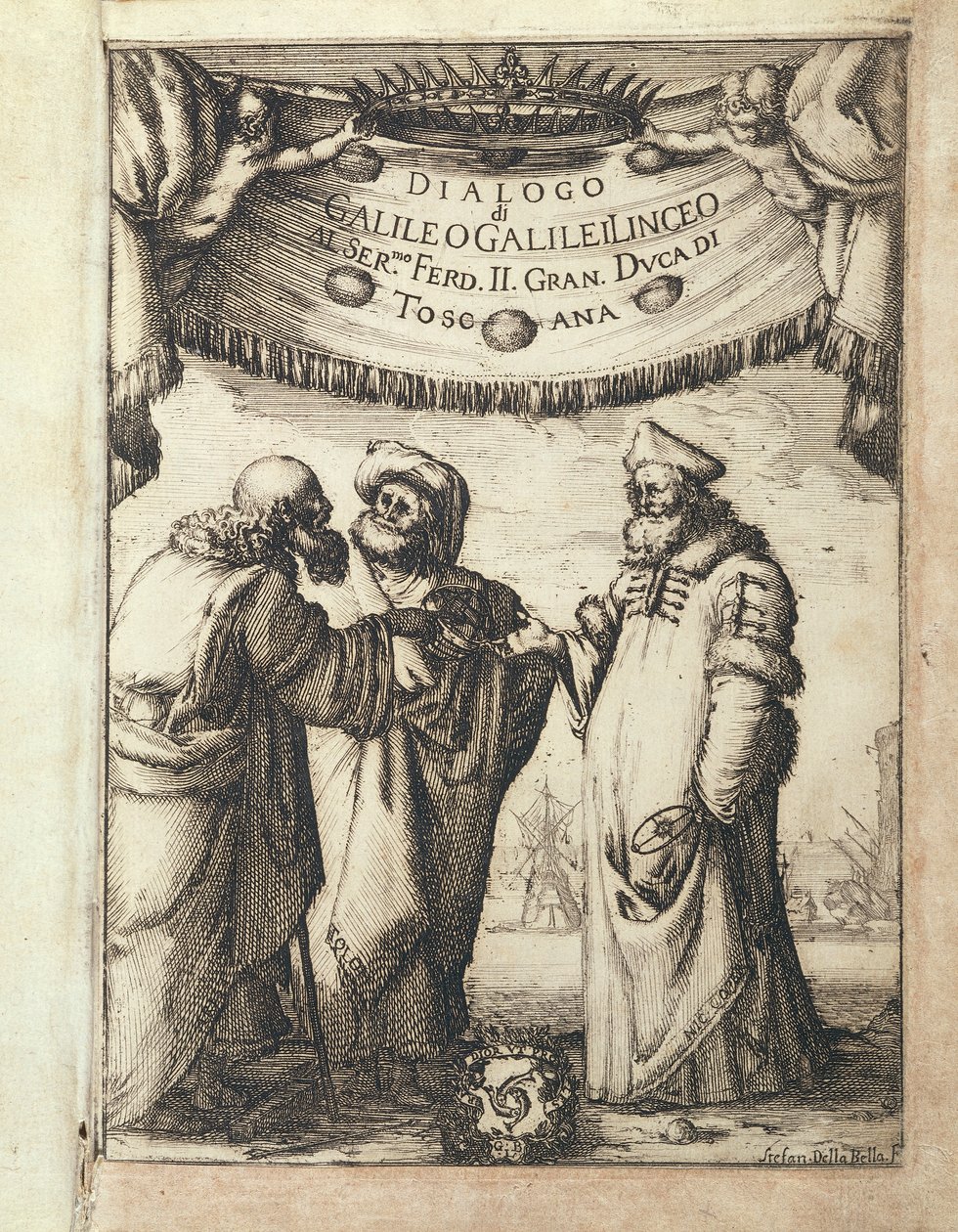 Galileo (links) im Gespräch mit Ptolemäus (Mitte) und Kopernikus, illustrierte Frontispiz aus Dialogo sopra i due Massimi Sistemi del Mondo, Tolemaico e Copernicano (Dialog über die zwei wichtigsten Weltsysteme, Ptolemäisch und Kopernikanisch) von Stefano della Bella