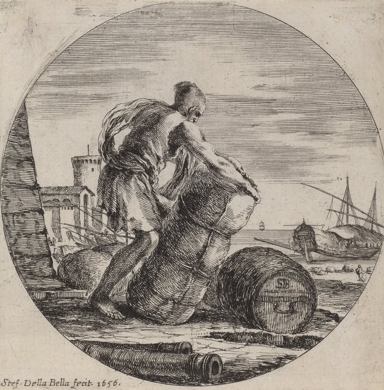 Galeerensklave zieht die Ladung eines Schiffes von Stefano della Bella