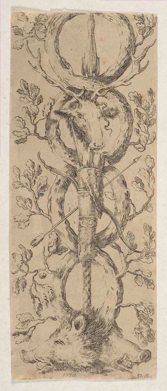 Köpfe eines Hirsches und zweier Wildschweine in Rinceaux aus Eichenästen, ca. 1653 von Stefano della Bella