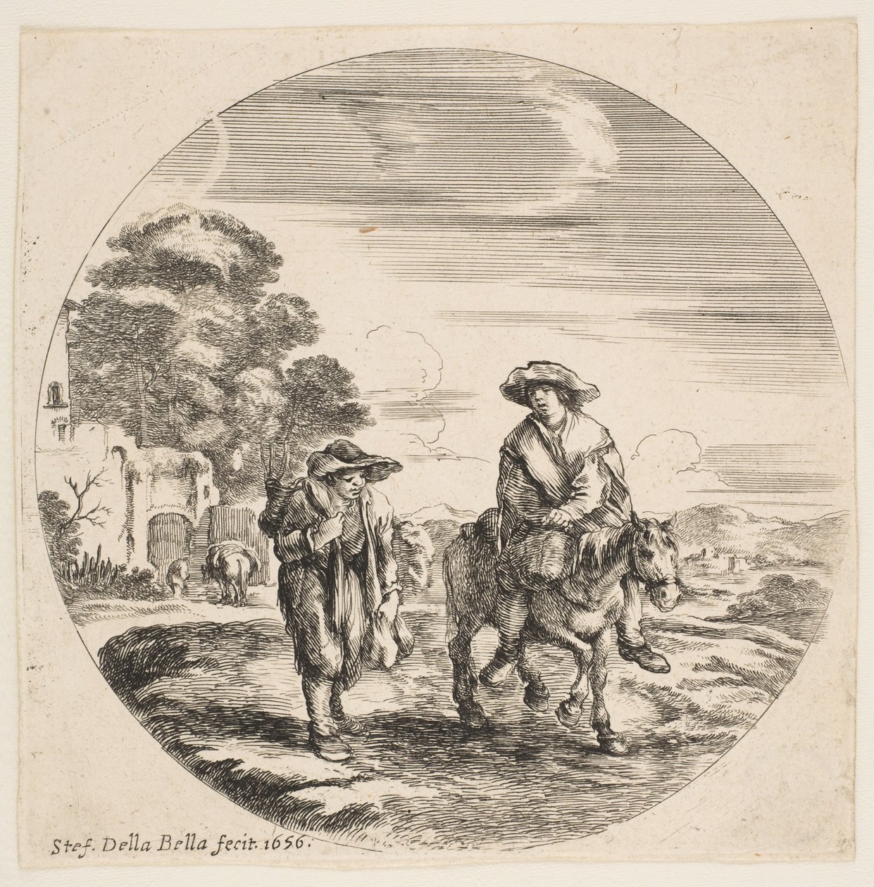 Landschaft mit zwei Bauern, einer reitet auf einem Pferd, aus Landschaften und Seehäfen Paysages ..., 1656 von Stefano della Bella