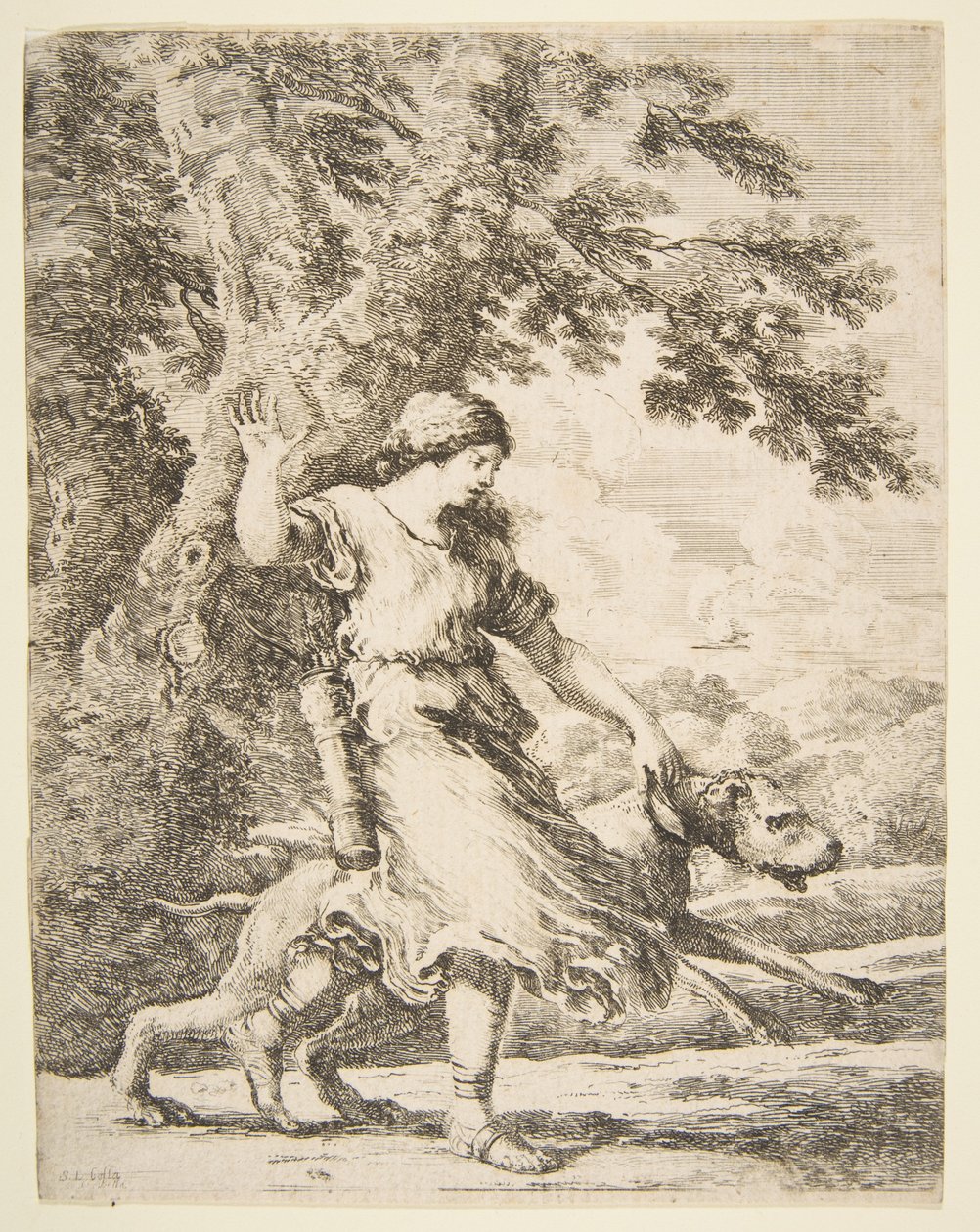 Nymphe hält einen großen Hund am Halsband, ca. 1654 von Stefano della Bella