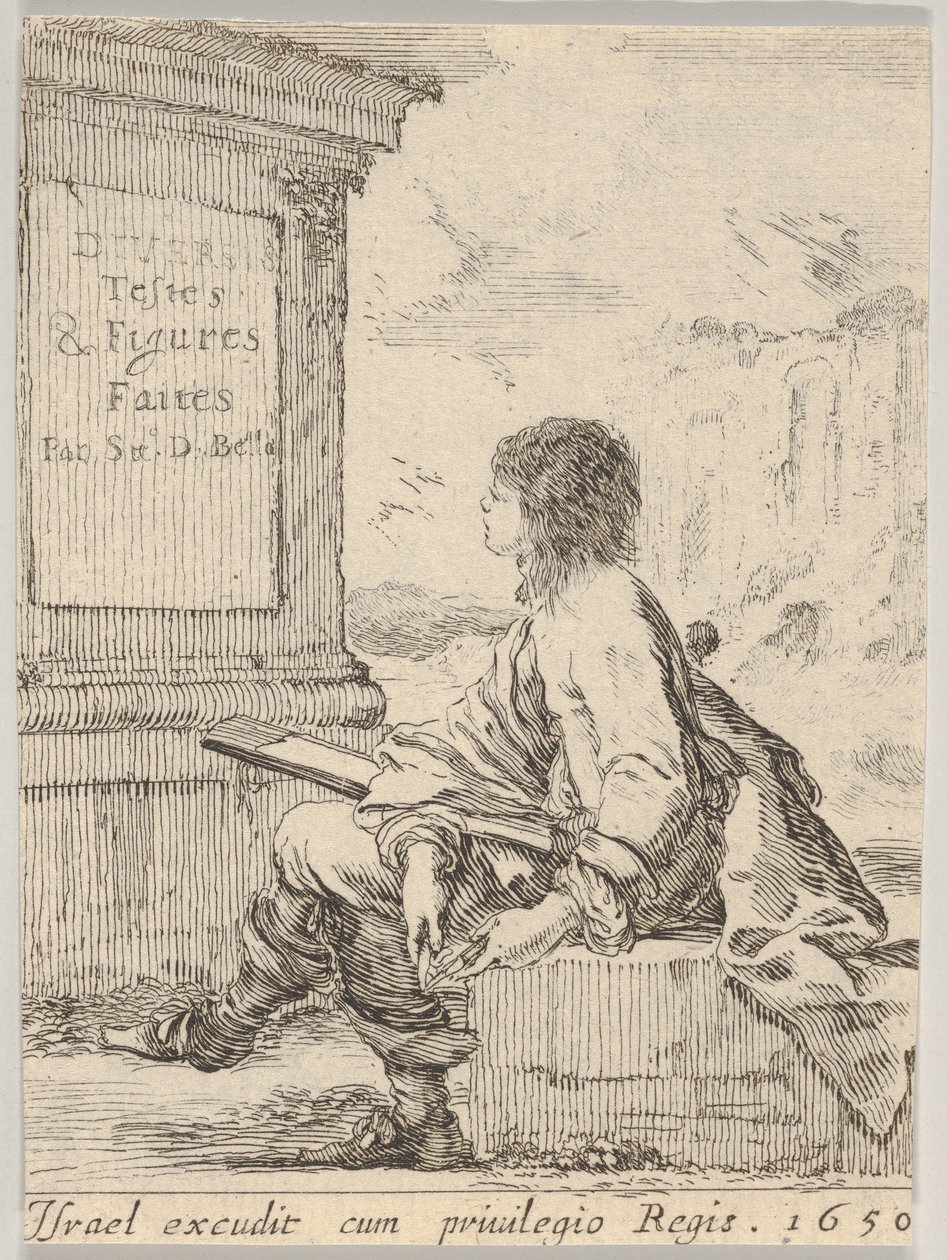 Platte 1: ein junger Mann sitzt auf einem Stein, nach links im Profil, hält ein Zeichenbrett (1650) von Stefano della Bella