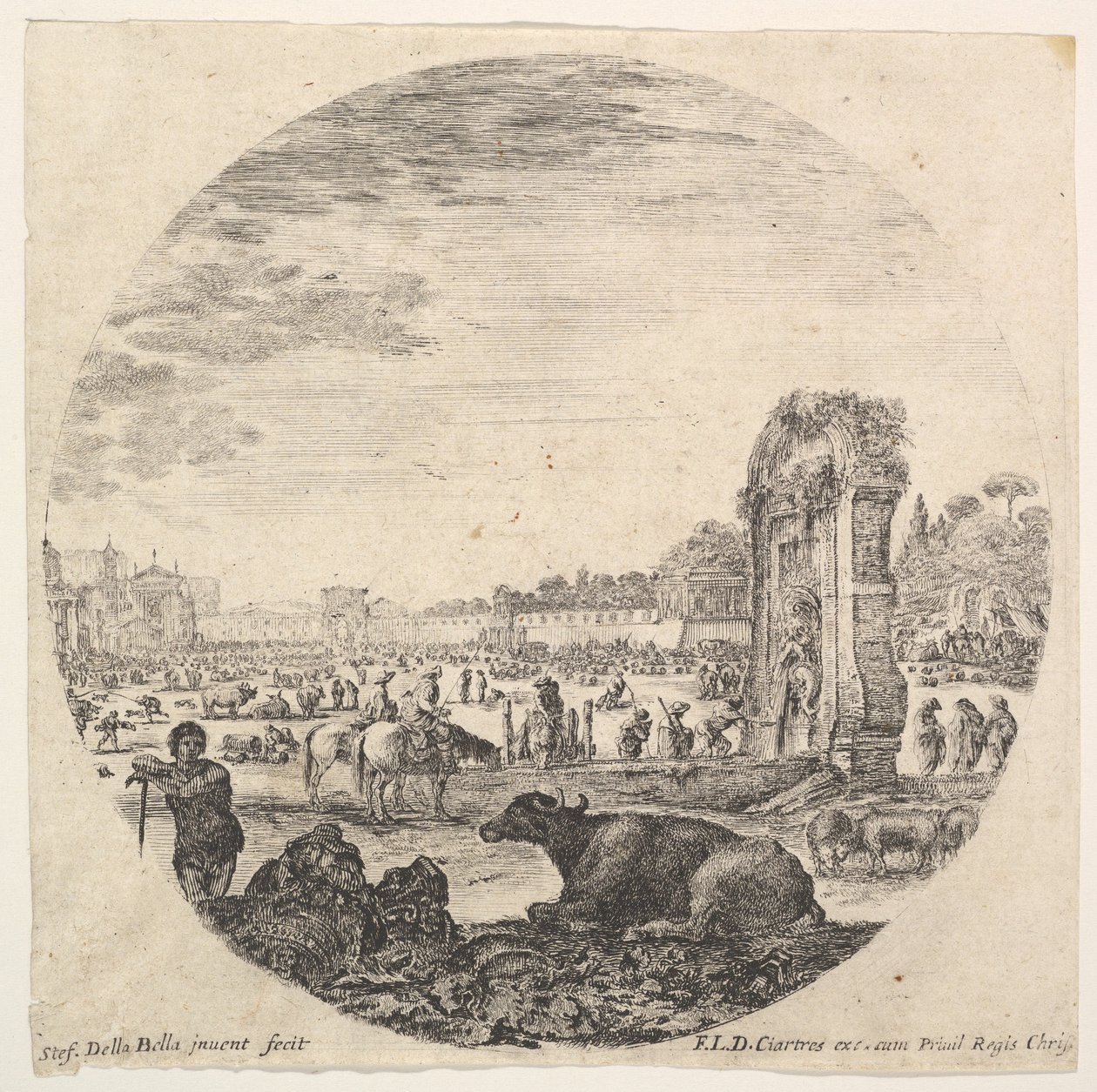 Tafel 2: Campo Vaccino, ein Büffel und zwei Hirten in der Mitte, der Fontanone rechts, ca. 1643-48 von Stefano della Bella