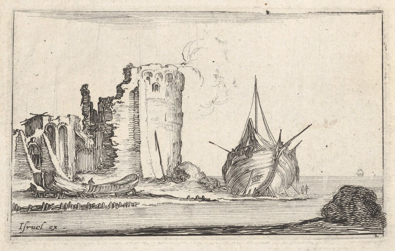 Schiff rechts und Ruderboot links, an Land gespült, Turm in Ruinen von Stefano della Bella