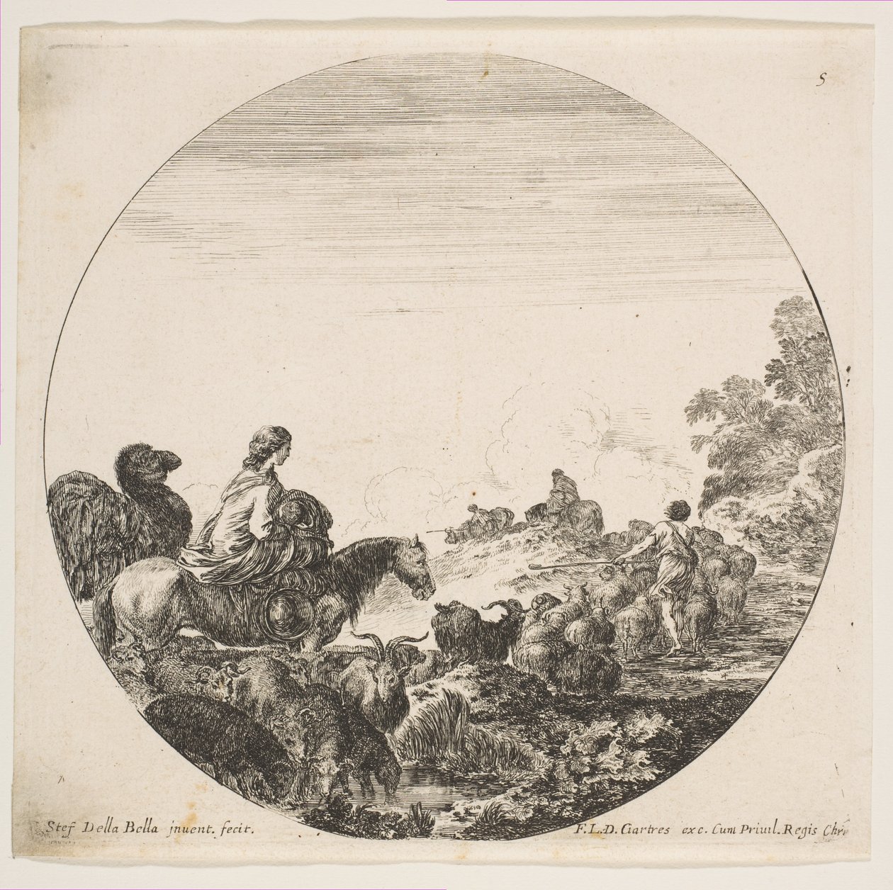 Platte 5: eine Frau trägt ein Kind auf einem Pferd links, ein Kamel folgt ihr, eine Herde von..., ca. 1646 von Stefano della Bella