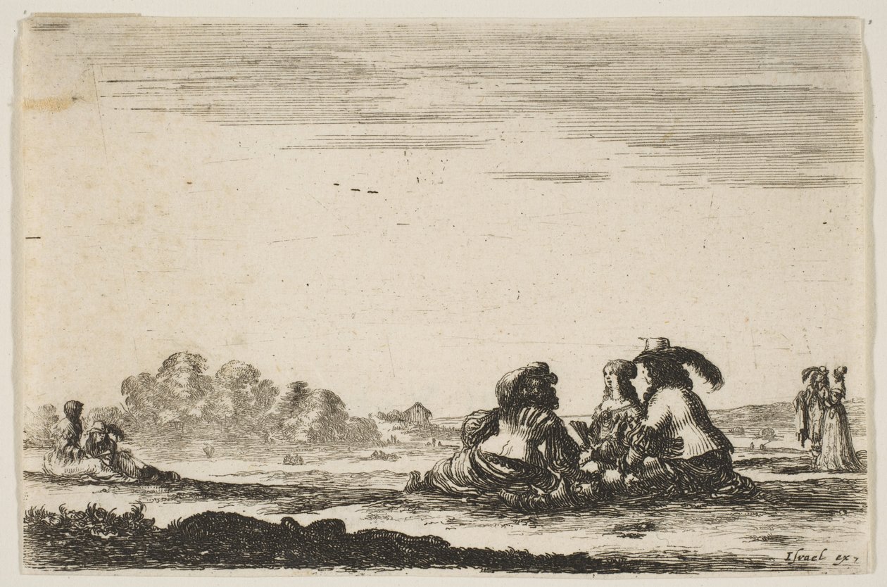 Tafel 7: Zwei Edelleute sitzen in der Mitte, von hinten gesehen, im Gespräch mit einer Edeldame, 1642 von Stefano della Bella