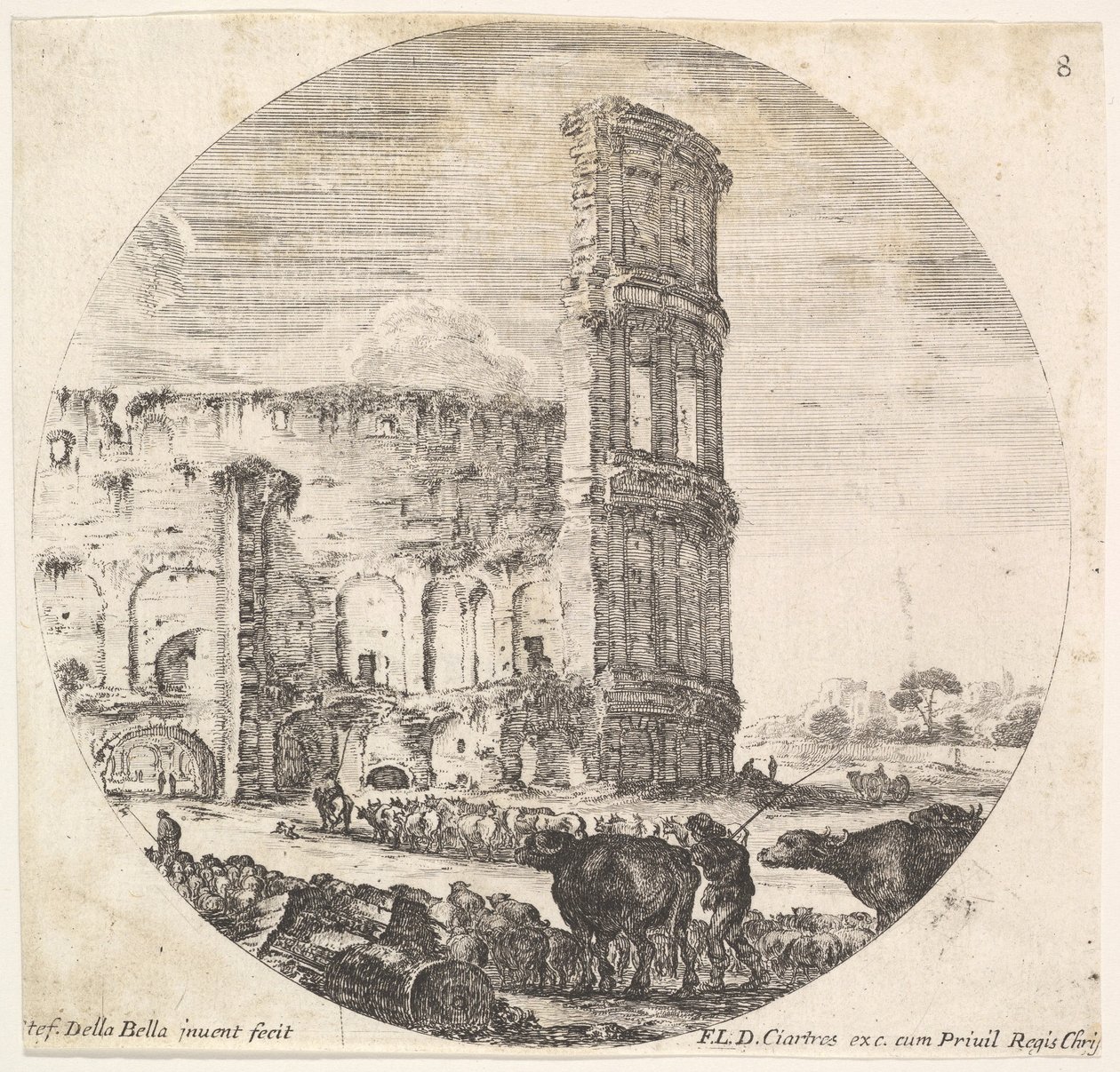 Das Kolosseum, zwei Herden werden zum Amphitheater geführt ..., ca. 1643-48 von Stefano della Bella