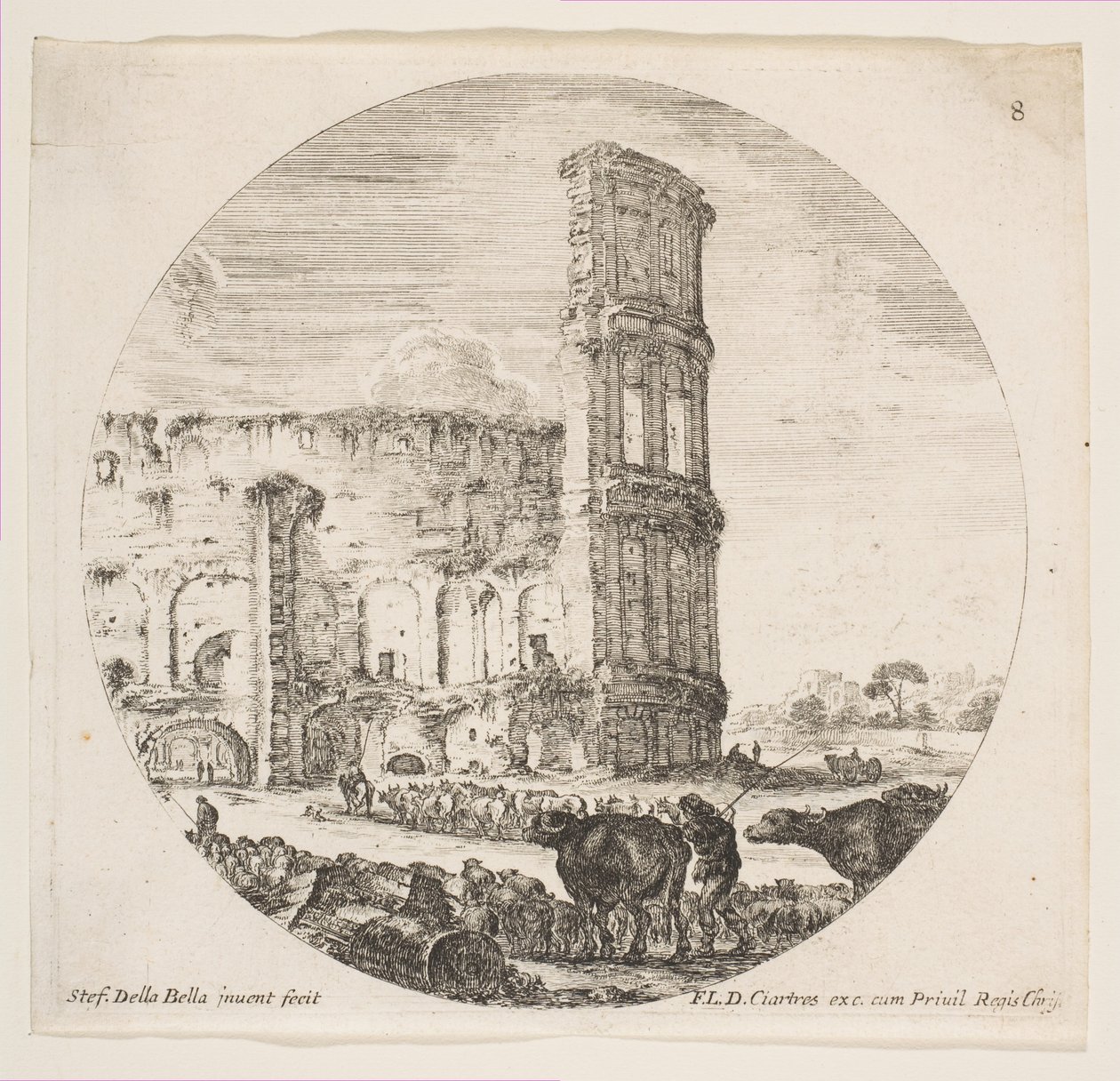 Tafel 8: das Kolosseum, zwei Herden werden zum Amphitheater geführt, ca. 1646 von Stefano della Bella